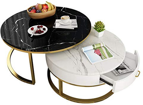 LHNLY-Beistelltische 2er-Set Marmor Satztisch Beistelltisch Couchtisch Großer Moderner Art Deco Home Office Hochglanz, Wohnzimmertisch Salontisch Sofatisch mit Schubladen für Wartebereich