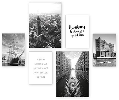 Kreative Feder Poster-Set | Hamburg | 6 Bilder Deko Wohnzimmer Modern Schlafzimmer Bild für Ihre Wand - optional mit Rahmen - 2 x DIN A3 & 4 x DIN A4 - ca. 30x40 & 20x30 (weißer Rahmen)
