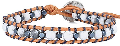 KELITCH Türkis Perlen Wrap Armband Natürliche Leder Einstellbare Armbänder Kristall Perlen Strang Armbänder (Weiß 01)