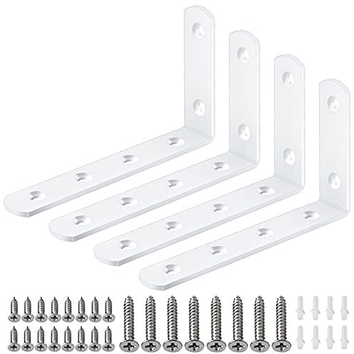 4 Stück Winkel Regal Halterungen, Bolatus L Winkel Regal Metall Regalhalterung 90 Grad Winkelverbinder Bodenträger Wandregal Regalwinkel Regalträger Weiß mit Schrauben (125mm x 75mm x 30mm)