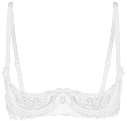 Jugaoge Women Quarter Cups Lace Floral Lingerie Bra Top See Through Underwire Unlined Shelf Bra White M