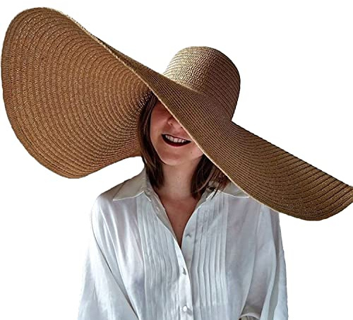 Dremokay Cappelli da spiaggia a tesa larga per donna, grande cappello di paglia, protezione UV, pieghevole, cappello estivo, 70 cm, Kaki, Taglia unica