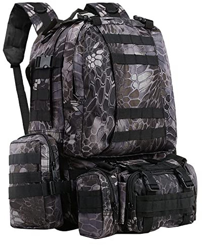 SHANNA Sac à Dos Militaire,55L Grand Volume Multifonction Sac À Dos Tactique Molle Armée 3 Jours d'assaut Combat Pack pour Randonnée Camping Alpinisme Pêche Chasse Trekking (Noir avec Imprimé Python)