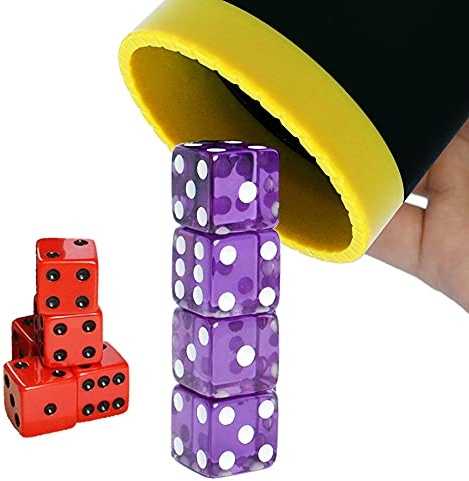 Dice Stacking Cup(Black) Set with 4 Pcs 19mm(Puple) and 5 Pcs 18mm(Red) Standard 6 Sided Dices, with Storage Bag-Magic Tricks Instruction