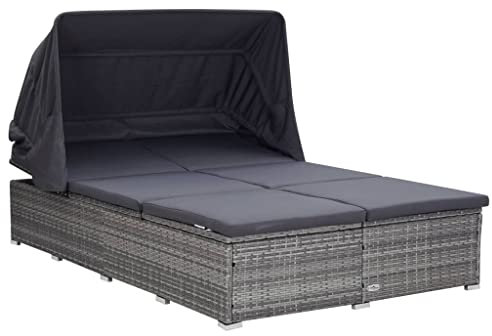 Doppel-Sonnenliege für 2 Personen, Doppelliege mit Auflage und Sonnendach Gartenliege mit Verstellbarer Rückenlehne Garten Liegen Double Lounger, Stahlgestell, PE Rattan, Grau 194 x 120,5 x 110 cm