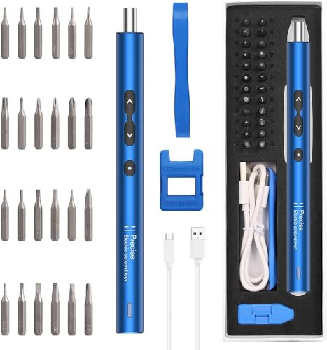 Tournevis Electrique, ORIA 28 en 1 Mini Tournevis Sans Fil avec 3 Lumières LED, Kit d'outils de Réparation Rechargeable de Précision avec Charge de Type C, Magnétiseur pour Smartphones (Bleu)