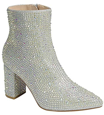 ABSOLEX Women Pointed Toe Rhinestone Chuncky Block Mid Heel Ankle Bootie, Silver, 5.5 UK