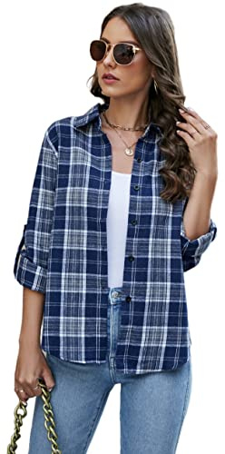 Famrrifuu Chemise Femme a Carreaux Classique Chemisier en Flanelle Chic et élégant Blouse Shirt Coton Décontractée