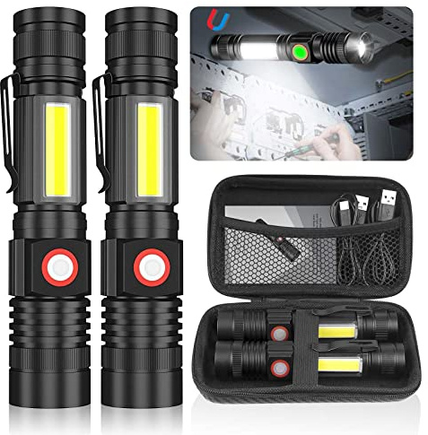 Lampe de poche rechargeable par USB, lampe de poche LED magnétique, 2 000 lumens, lampe torche tactique LED super lumineuse avec lampe de travail Cob, étanche, zoomable, meilleure petite lampe de