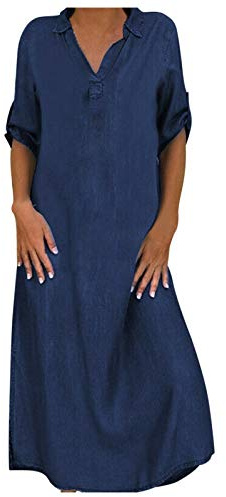 Jeansklänning dam sommar lång – jeansskjorta dam stora storlekar maxiklänning kortärmad jeansklänningar vintage enfärgad skjortklänning lång blus klänning oversize sommarklänning skjorta denim klänning party cocktail aftonklänning, Mörkblå, XXL