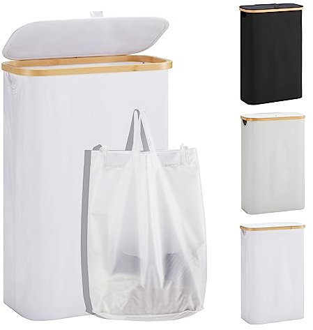 YOUDENOVA - Cesto portabiancheria con coperchio, 48 l, stretto, con sacco grande per la biancheria, pieghevole, in legno di bambù, bianco