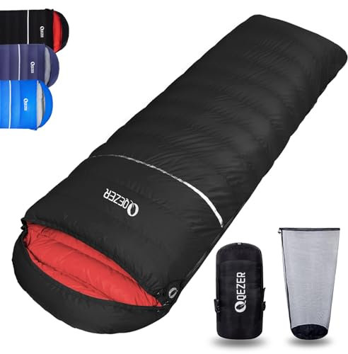 QEZER Daunenschlafsack, 4-Jahreszeiten-Schlafsack, Winterschlafsack -3°C bis -20°C Geeignet für Camping, Wandern und Outdoor-Camping für Erwachsene und Kinder (Schwarz -3°C)