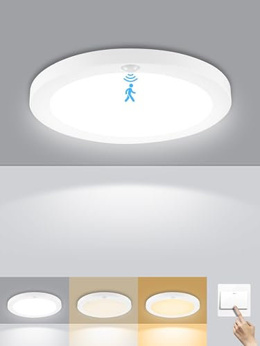 Plafon LED Techo con Sensor de Movimiento,12W 1200LM Lámpara de Techo con Función de Memoria,3000K/4000K/6000K Luz de Techo Regulable,Plafón LED Modernos para Cocina Pasillo Balcón Sótano,Ø19cm