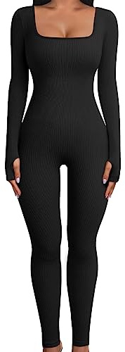 Yuson Girl Femme de Sport Combinaison Sans Couture Moulant Côtelé Une Pièce Jumpsuit Combinaison Bodycon en Tricot à col Carré et à Manches Longues Pour Gym Sports Yoga Club(Noir, M)