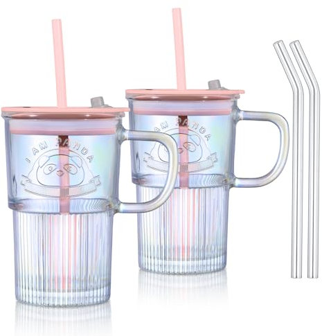Joeyan 430 ml Regenbogen Trinkbecher mit Strohhalm und Deckel,Ripple Glas Bubble Tea Becher Trinkgläser mit Niedlicher Panda-Mustern,Saft Eiskaffee Smoothie Wasser Tee Tumbler Cup mit Henkel,2er Set