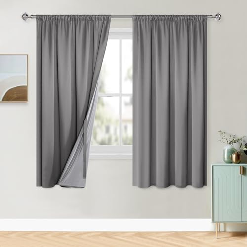 XWZO 100% Blickdichte Vorhänge Wohnzimmer, Vorhänge mit Kräuselband, Gardinen Schlafzimmer, Doppellagige Dicke Verdunklungsvorhänge Thermovorhang Kälteschutz, 175x140 cm(HxB) Grau 2er Set