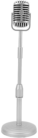 Fockety Fake Vintage Microphone Prop with Stand, Lightweight Portable ABS Retro Mic, Classic Retro Style Antique Prop Mic Decor for Party Decoration Costume Role Play & Game Night (Silver)