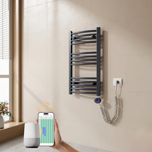 EMKE Scaldasalviette elettrico bagno,Curvo,75 x 40cm, 250W,Scaldasalviette con WIFI Termostato,Anthracite,Radiatore da Bagno,Termoarredo Asciugamani da Bagno