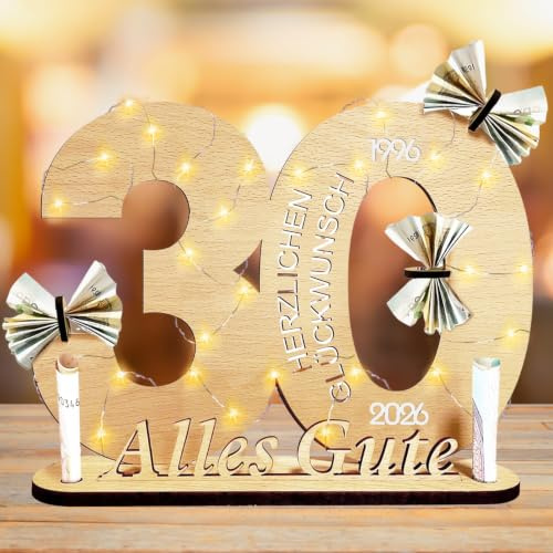 Qunkun Geldgeschenke Geburtstag 30, Holz Schild Gästebuch, LED Lichterkette | Geschenke zum 30 Geburtstag Frau Mann, 30 Geburtstagszahlen Holz Schild Gästebuch mit LED Lichterkette