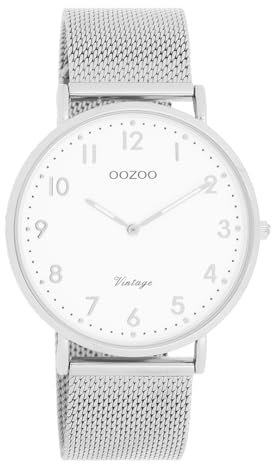 Oozoo Vintage Damen Uhr Silber/Weiß | Armbanduhr Damen mit Mesharmband | Moderne Uhr für Frauen | Edle Analog Damenuhr in rund C20340 (40mm Gehäuse)