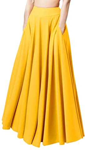 Langer Faltenrock für Damen, Maxirock, hohe Taille, A-Line, hohe Taille, elastisch, lässig, elegant, modisch, drapierter Rock mit Seitentaschen, modisch, Retro, Strand, Party, Urlaub, gelb, S