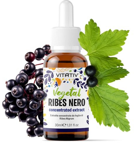 Vitativ Ribes Nero (Ribes Nigrum) Estratto Concentrato Analcolico Liquido in Gocce, 30 ml, Vegano, Foglie e Frutti
