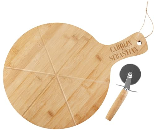 Personalisiertes Pizzabrett mit Pizzaschneider (2 Namen & Herz)