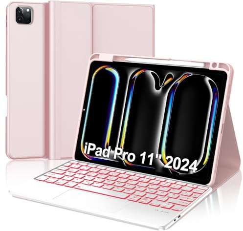 IVEOPPE Hülle mit Tastatur für iPad Pro 11 M5 2025/M4 2024 Con Touchpad, Deutsches QWERTZ Layout, Magnetisch Abnehmbare Bluetooth Beleuchtung Tastatur für iPad Pro 11 Zoll M5/M4 (2025/2024), Rosa