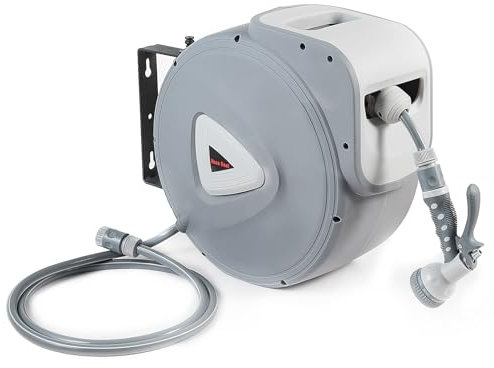 Avvolgitubo retrattile da giardino per esterni, 5/8 x 30,5 m, avvolgitubo da parete con 9 ugelli e raccordo da 3/4, avvolgitubo dell'acqua di qualsiasi lunghezza, riavvolgimento automatico, staffa