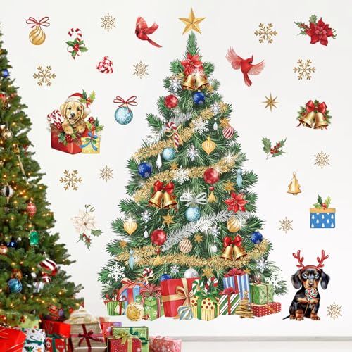 Wondever Pegatinas de Pared Árbol de Navidad Grande y Adhesivos Decorativos | con Perro, Pájaros y Flores Vinilos Pared y Puerta Escaparate