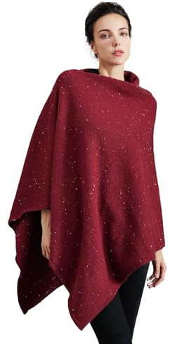 BEAUTELICATE Poncho Damen Winter Gestrickte Poncho Cape Tweed Wolle Strickponcho Elegant ärmellos Pullover Cape Asymmetrische Stola für Herbst Winter Festlich Frühling Weihnachten, Rot