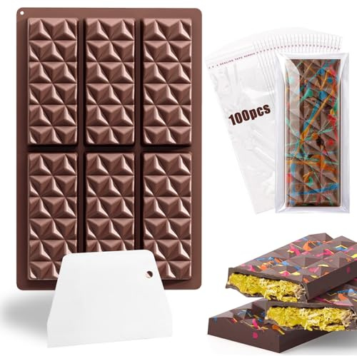 Stampo in silicone per cioccolato, 6 pannelli, in silicone, con raschietto e borsa, barrette per cereali, per la produzione di barrette di cioccolato, muffin, brownies e cheesecake