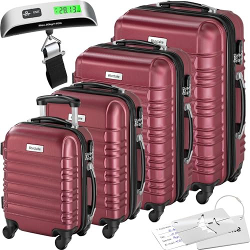 tectake® 4tlg. Hartschalenkoffer Set, Reisekoffer Set mit Rollen, Hartschale aus ABS, Koffer Set mit Teleskopgriff und Schloss, inkl. Kofferwaage und Kofferanhänge, Trolley Größen S-M-L-XL - weinrot