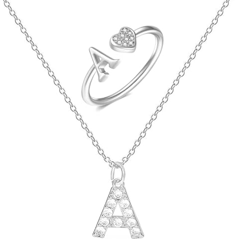 XSDSLS Herz Ring mit Buchstaben Damen Silber Kette mit Buchstabe Anhänger Verstellbarer Initiale A-Z Zirkonia Fingerring Halskette mit Buchstaben Buchstabering Schmuck für Frauen Mädchen (A)