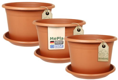 MePla 3 x Ensemble Pot de fleurs Cylindro ø50 cm + Sous-plat ø49 cm Terra, résistant aux intempéries en plastique UV-résistant
