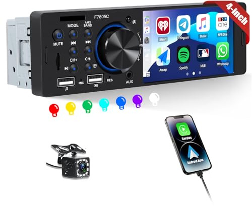 CAMECHO Autoradio 1 Din Carplay 4 Zoll Touchscreen Stereo mit Rückfahrkamera, Bluetooth Radio mit Android Auto Mirror Link FM/RDS Lenkradsteuerung EQ Hintergrundbeleuchtung