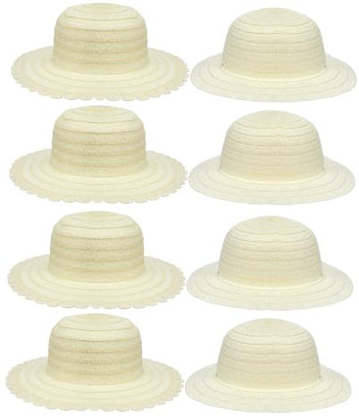 Warmhm 8pcs Kids DIY Straw Sun Hats Craft Painting Kit for Boys and Girls White Plain Blank Hats Set with 4 Lace Trim for Creative Art Activities and Party Supplies