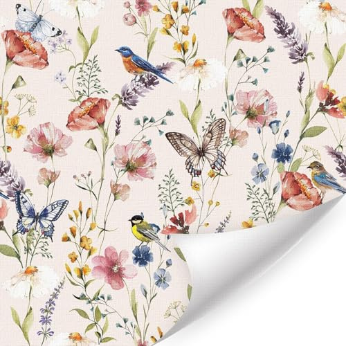 CHDITB Klebefolie Möbel Blumen,Aquarell Vögel Tapete,Bunte Schmetterlinge Tapete(44x300cm) Vintage Wildblumen Wandstickers Boho Pflanzen Rosa Blumen Möbelfolie für Mädchen Zimmer Badezimmer