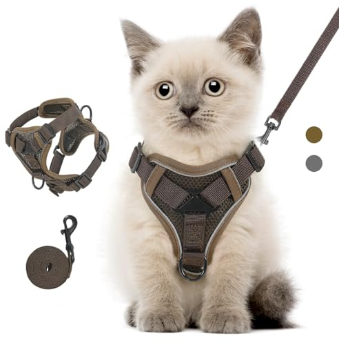 VavoPaw Katzengeschirr und Leine Set für Spaziergänge, Einstellbar Kätzchen Weste Geschirr mit Reflektierend Streif, Flucht Beweis Haustier Sicherheitsweste für Katzen, Welpen, XS, Kaffee