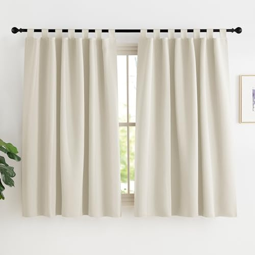 KGORGE Blickdichte Scheibengardinen Küche Modern Schlaufenvorhang Kurz | Hellbeige, H150 x B140, Schlaufenschal 2er Set, Thermovorhang Hitzeschutz, Verdunkelung, Sonnenschutz, für Schafzimmer