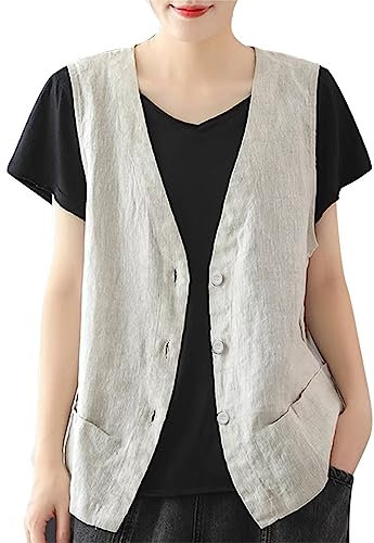 Generisch 2025 Damen-Leinenweste, lässig, ärmellos, Strickjacke, Jacke, locker dünn, lässiges Weste-Top Laufjacke Damen Gelb (White, XXXL)