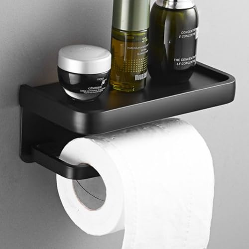 acfeco Klorollenhalter Ohne Bohren, Toilettenpapierhalter mit Ablage, Klopapierhalter Aluminiumlegierung, WC Papier Halterung, Selbstklebend für Toilette Badzimmer, Schwarz