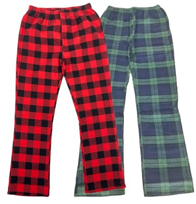 LANBAOSI Barn flanellpyjamasbyxor flickor elastisk midja myskläder underdelar burshed bomull rutiga loungebyxor med fickor, Röd + grön, 9-10 år