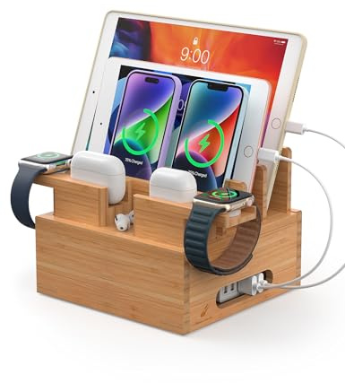 Pezin & Hulin Bamboo Phone Charging Stand with 2 Watch & Earbuds Holders | Bamboo Charging Station & Desk Organiser for Multiple Devices, All-in-1 Set for Phone, Watch & Earbuds(Charger Not Included)