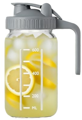 Yumzxin 32oz Glass Milk Pitcher with Leakproof Lid & Pour Spout - Wide Mouth Mason Jar for Liquid Storage, Iced Tea, Cold Brew, Juice (Gray)