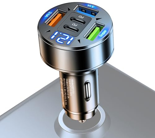 Car Charger, Multi-Ports Super Fast Charger, USB Type C Adapter, PD Charging Socket, High-Speed Mobile Phone Power Hub for Family Travel Long Drives Daily Commute Vehicle Use, 1.49x2.44in