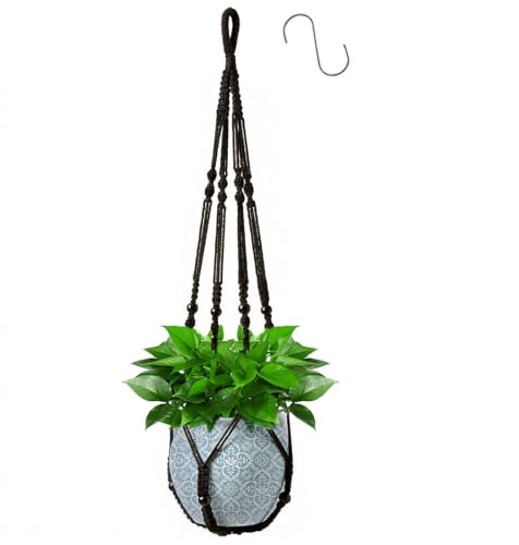 Apstaqeoo Macrame Plant Hanger Indoor Outdoor Hanging Planter Basket with 1 Hook, Flower Pots Plants Holder with Decorative Wood Beads & No Tassels, Boho Home Decor, 90CM Black(1Pc,POTS NOT Included)