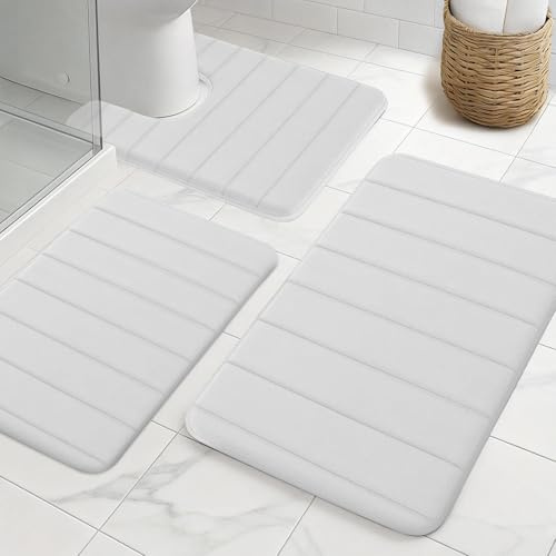 NAKIHOUSE Badezimmerteppich Set 3 Teilig aus Dicke Memory Foam rutschfest Saugfähig Waschbar Weich Schnell Trocknend Badematte Set und U Förmige wc Vorleger für Dusche, WC & Badewanne,Weiß