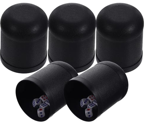 LRXIYODE Lot de 5 Sets de Gobelets à Dés en Plastique Noirs 25 Dés, Petits Gobelets Légers et Compacts pour Jeu de Société, Accessoires de Divertissement pour Amateurs de Jeux et Soirées Entre Amis