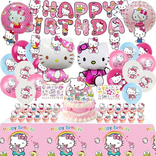 Dekorationen Mädchen geburtstag, 55 Stück Kinder geburtstag Deko set, Enthält banner, Tischdecke, Tortendeko, Hängender Schmuck, Latexballons, Folienballons, Temporäre Tattoo-Aufkleber für Kinder